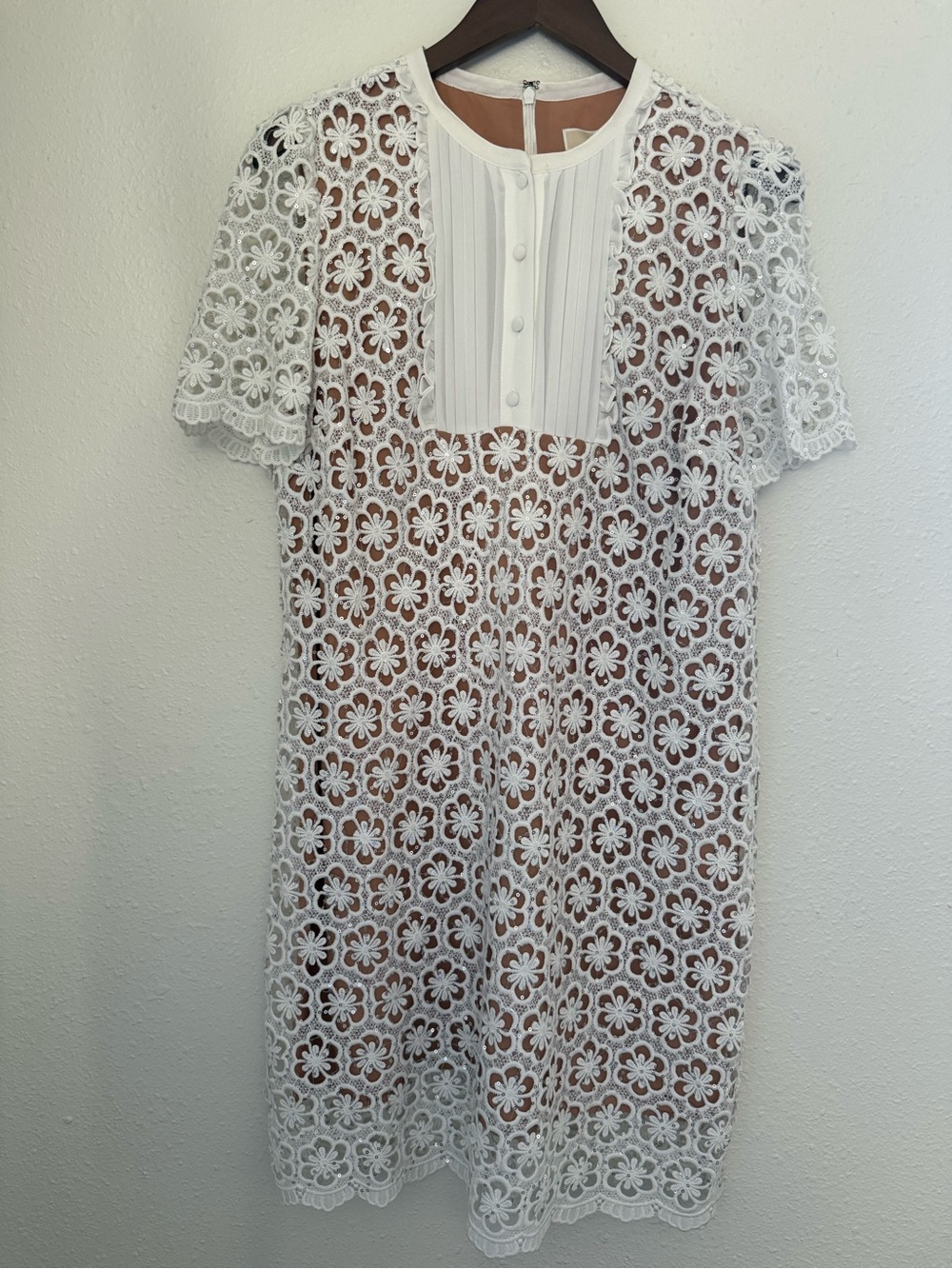 Michael Kors White Floral Lace Sequin Tuxedo Bib Shift Dress L NWT